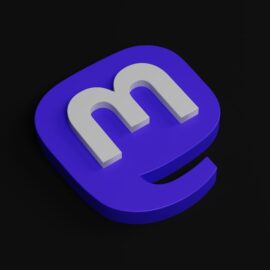 a blue and white m logo on a black background